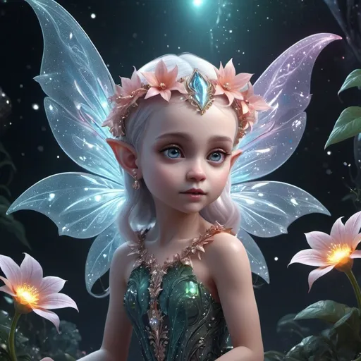 Prompt: Elf 2 year old baby, delicate and beautiful 82k, with glittering wings, exotic large flowers, space plants 3000PPI, unusual colors, sparkling lights, fantastic, unusual, peaceful space creatures 3000PDI. Crystals, pearls, lace, vapor gas. Cinematic illustration, 3d render, dark fantasy, dynamic