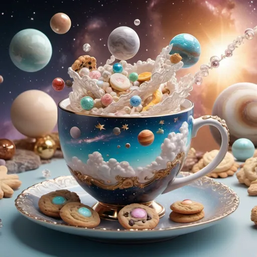 Prompt: clouds and lace, 432hz, healing sound, healthy light, airy boba, pearls, diamonds and crystals, all in light source, 5D lamp. Ornate victorian milky way mug with saucer, solar system, stars and planets alternating with cookies and candies splashing from the mug, 3d rendering, architecture, product, fashion, 3d render, illustration, typography, cinematic