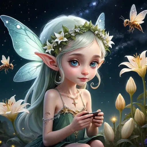 Prompt: universe colors, milky way, big and small star cart, cosmic, universe fantasy world 82K, everything as small as in ant world, about 1 cm flower elf, sitting in the middle of lily and feeding small dragon with pollen, elf has tiny wings, bees size fairy, fantasy world, with a flower warbler hat on her head, small elf headphones. All around a dewy glow, diamonds, pearls, a mist of lace.