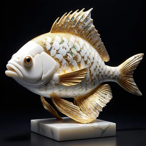 Prompt: Stunning 3D Deep Sea White Marble Sculpture Fish With Real Gold Pattern On Fins And Scales, Displayed Artistically, Broken Glass Effect, Mythical, Vibrant, Molecular, Intricate Textures, Iridescent And Glittering Scales, Breathtaking Beauty, Pure Perfection, Divine Presence, Impressive, Volumetric lighting, incredible depth, auras, reflections. 3000 PPI 
