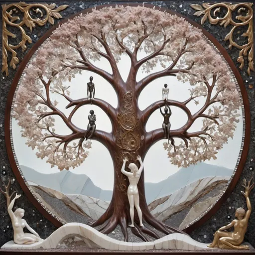 Prompt: in the foreground the tree of life, the trunk as a sculpture of two people in a passionate embrace, hands in the air, outstretched, from which branches form a tree, all in mahogany, pastel tones, gray white, creamy gilt veins, marble, mixed different styles, tree surrounded by a triple circle 3D 82K, mirror mosaic, diamonds, gems and pearls, as if from interplanetary travel, background, cosmic universe, with planets, stars, gaseous, lace nebula, diamonds, pearls, soap bubbles, tree emits a glow

