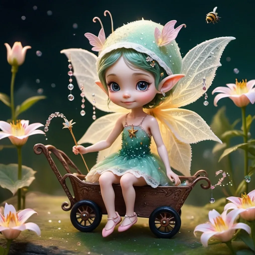 Prompt: universe colors, milky way, big and small star cart, cosmic, universe fantasy world 82K, everything is as small as in ant world, about 1 cm flower elf, very happy, smiling, on feet, slippers, tied with spider web thread, in hair dew beads, wearing a petal dress, a rose petal dress sitting in the middle of a lily and feeding a little dragon with pollen, a sparkling mist around, an aura of mystery, an elf with tiny glittering wings, a bee-sized fairy, a fantasy world, with a flower warbler hat on his head, small elf ears . All around a dewy glow, diamonds, pearls, a mist of lace.