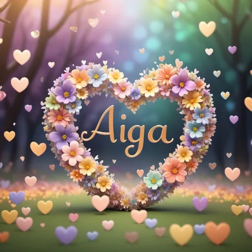 Prompt: Stunning pastel bokeh 3D rendering with little hearts that seem to pop out of the scene. The background is filled with soft, swirling fall color, a mix of soft orange, purple, blue, green and yellow. The hearts are shaped like small, delicate flowers, with the name "AIGA" written in cursive and metallic gold in the middle, giving the artwork a romantic touch. The overall atmosphere is whimsical and dreamy, with a touch of depth and dimension Aitana, 3d render