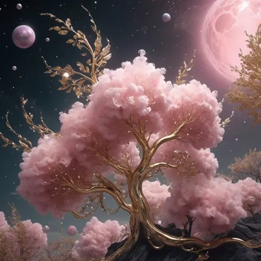 Prompt:  Universe, sky, pink clouds, gas swirls, Flowers, trees, leaves Elves, delicate and small, delicate and beautiful, with glittering wings, exotic large flowers, cosmic, exotic plants, leaves, unusual colors, sparkling lights, fantastic, unusual, peaceful cosmic beings. Crystals., pearls, lace, vapor gas.. universe, planets stars, gas clouds 3000 PPI, gold, birch bare 82K branches, gold leaves 3000 PDI, crumpled and fluttering in the wind, cinematic, illustration, 3d render, fashion, dark fantasy, vibra