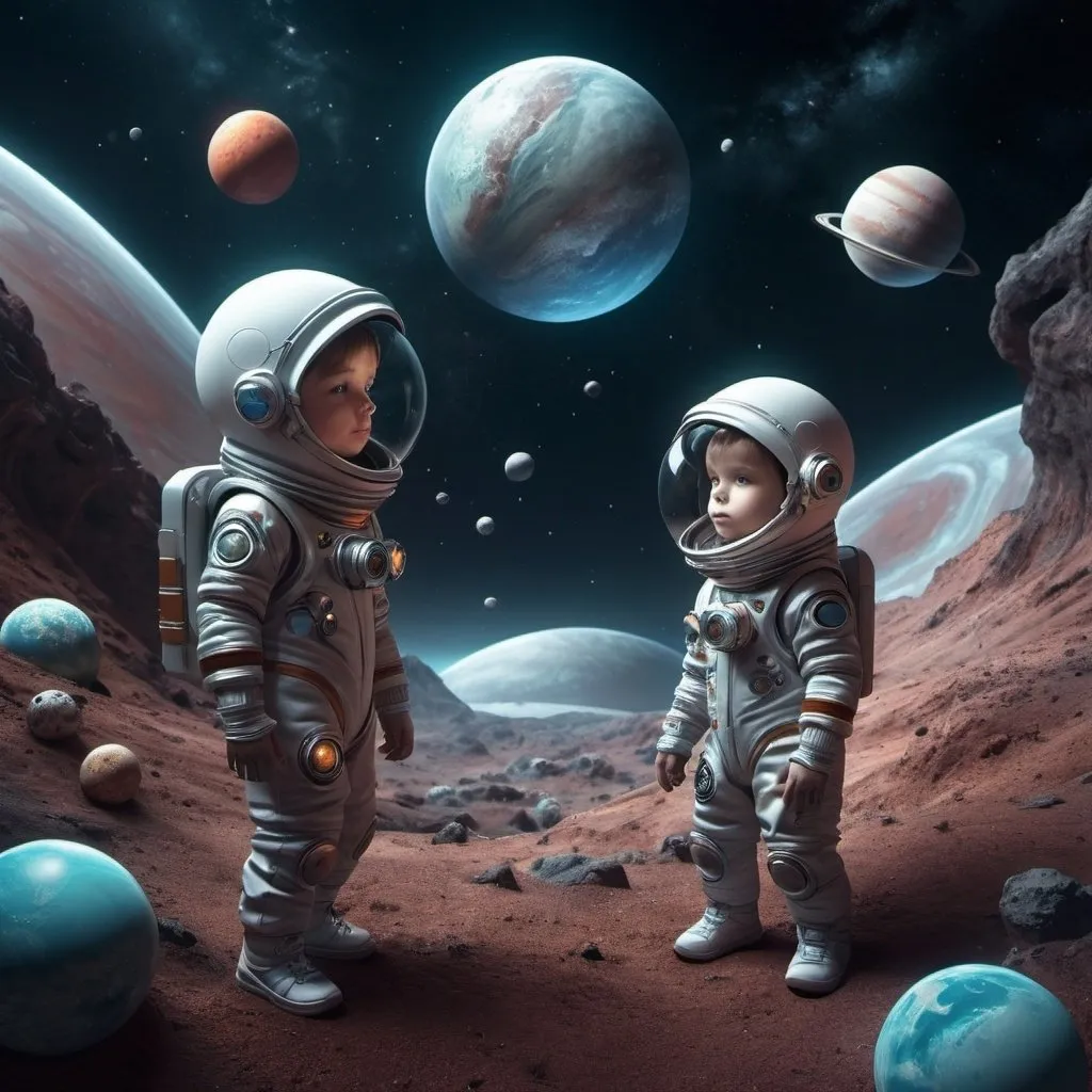 Prompt: Space explorers Children in spacesuits discover new planets. All sounds in nature correspond to 432 hertz (Hz), or the frequency of the universe. It has been found that this frequency not only affects time and space, but also human consciousness and DNA, illustration, fashion, painting, cinematic, product, anime, 3d render, photo, dark fantasy