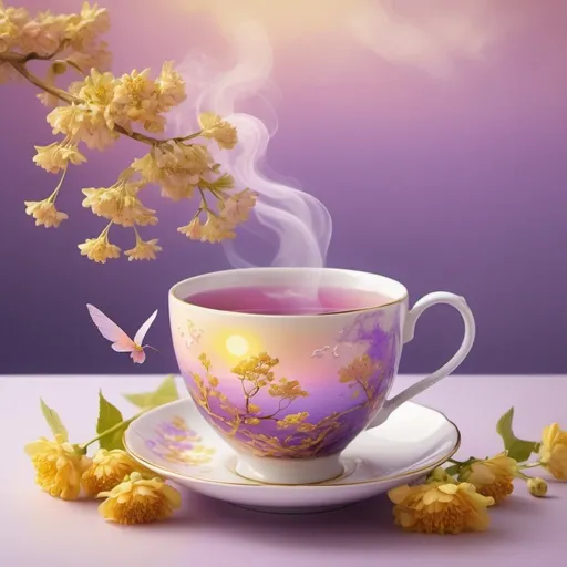 Prompt: background - the embrace of the summer sun, in the foreground - golden linden flowers flying separately, fingers grasping, a beautiful delicate modernist time mug with steaming tea, the whole picture radiates a glowing feeling of happiness, rococo romanticism wrapped in soft purple and pink smoke. , concept art, painting, 3D rendering, product