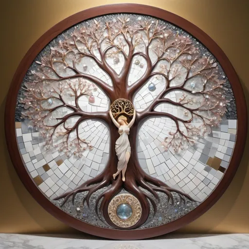 Prompt: in the foreground the tree of life, the trunk as a sculpture of two people in a passionate embrace, hands in the air, outstretched, from which branches form a tree, all in mahogany, pastel tones, gray white, creamy gilt veins, marble, mixed different styles, tree surrounded by a triple circle 3D 82K, mirror mosaic, diamonds, gems and pearls, as if from interplanetary travel, background, cosmic universe, with planets, stars, gaseous, lace nebula, diamonds, pearls, soap bubbles, tree emits a glow

