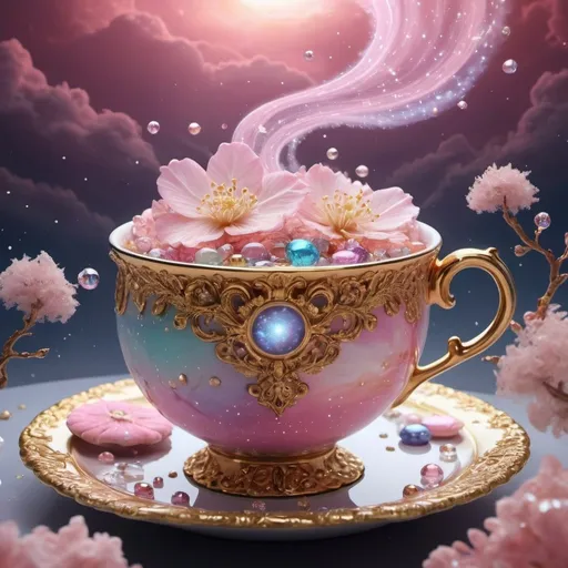 Prompt: Universe, sky, pink clouds, gas swirls, Flowers, trees, leaves Elves, delicate and small, delicate and beautiful, with glittering wings, exotic large flowers, cosmic, exotic plants, leaves, unusual colors, sparkling lights, fantastic, unusual, peaceful cosmic beings. Crystals., pearls, lace, vapor gas.. clouds and lace, 432hz, healing sound, healthy light, airy bob, pearls, diamonds and crystals 3000PDI, all in light source, 5D lamp. Luxurious Victorian lime blossom teacup 82K with saucer, falling gold leaves, solar system 3000PPI, warm knitted socks 82k, ultra HD, realistic, vibrant colors, highly detailed, UHD drawing, pen and ink, perfect composition, beautiful, detailed, insanely detailed octane renderings trend art station 8K art photo and planet change with cookies and candies spilling out of a mug 3D rendering anime product cinema painting fashion illustration 3D rendering, 3d render, painting, fashion, product, illustration