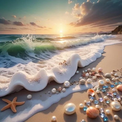 Prompt: Captivating high definition image of a windy seaside with a cosmic night sky. Shades of fantasy are reflected in the shimmering sea, creating a captivating illusion. Captured just 20cm above the sand, the unique perspective reveals a beach of multicolored stones, crystals, pearls, diamonds and an intricately detailed mix of 3D shells adorned with starfish, pearls and diamonds. The waves crash against the shore with white water foam, reflect the breathtaking skyscape, and as the sun drops below the horizon, a magical, dark fantasy unfolds. Light-bearing moths emerge, creating a mystical glow that enhances the already mesmerizing scene. Seashore, waves with white foam create a charming view of the sea with 20 cm high multi-colored stones and pearl shells. kitten, 999 Hz Unexpected miracles, peace.3000PPI. Ready for blessings, melted delicately, soulfully 82K. Pastel colors, airy, like delicate lace, light as morning dew and sunrise 3000DPI. Green wood dragon, kind, kind, compassionate. 999 Hz Unexpected miracles, peace.3000PPI. Ready for blessings, melted delicately, soulfully 82K. Pastel colors, airy, like delicate lace, light as morning dew and sunrise 3000DPI., product, photo, 3d render, cinematic, fashionv0, photo, dark fantasy, fashion, product, 3d render, cinematic