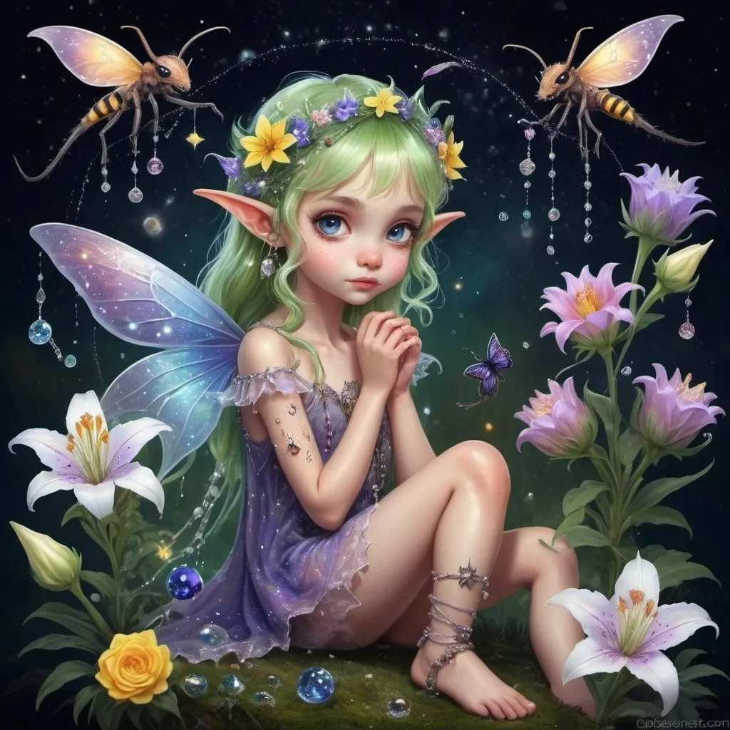 Prompt: colors of the universe, milky way, big and small star chariot, cosmic, fantasy world of the universe 82K, everything is as small as in the ant world, about 1 cm big flower elf, on the feet, lupine shoes, tied with a thread of spider webs, dew beads in the hair. sitting in the middle of a lily and feeding a little dragon with pollen, an elf with tiny wings, a fairy the size of a bee, a fantasy world, with a flower swallow hat on his head, little elf ears. All around a dewy glow, diamonds, pearls, a mist of lace.