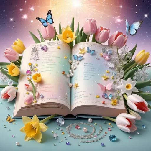 Prompt: Text: Astrology, background shimmering pastel, like spring sunrise 3000PPI, open book, natal chart, stars, pearls, diamonds, crystals, tulips 3D, daffodils 3D, snowdrops 3D, mimosas 3D and butterflies 5D.