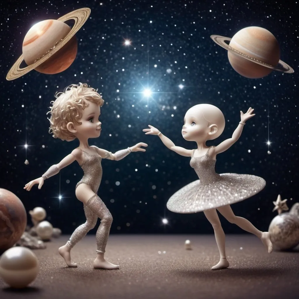 Prompt: two strange little people, dancing from diamonds, pearls and glitter, in the background the universe, stars, planets, saturn, mars, venus