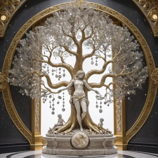 Prompt: in the foreground the tree of life, the trunk of which is a sculpture of a woman and a man passionately embraced, arms in the air, outstretched, from which branches form a tree, all in marble, gray-white, creamy gilt veins, marble, mixed different styles, surrounded, mosaics of mirrors, diamonds, precious stones and triple circle of pearls, as if from interplanetary travel, background, cosmic universe, with planets, stars, gaseous, lace nebula, diamonds, pearls, soap bubbles, tree emits a glow

