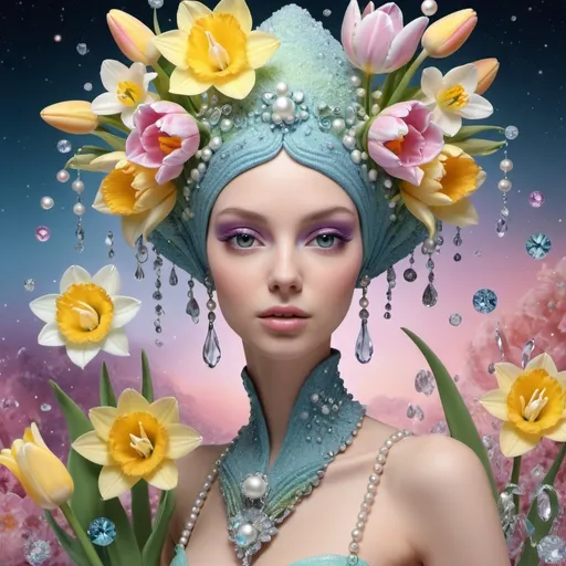 Prompt: SText: 8.march, eamstress, modeler, dressmaker, exotic, cosmic flowers, out of this world, alien flowers, background shimmering pastel, like spring sunrise 3000PPI, pearls, diamonds, crystals, tulips 3D, daffodils 3D, snowdrops 3D, mimosas 3D and butterflies 5D.