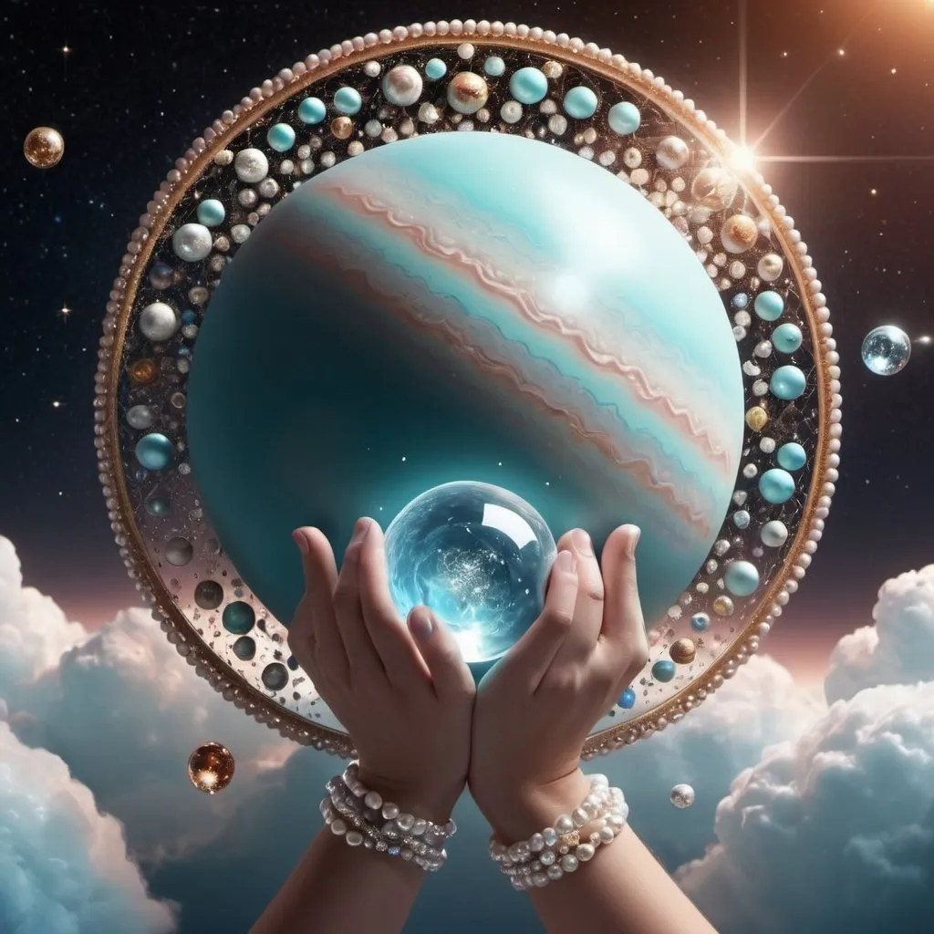 Prompt: Background: Space, universe, stars, planet. Hands folded as if praying, drinking water. 82K Stars and pearls and diamonds around 3000PPI, the whole world shines in the hands 3000PDI 82K Universe background, cosmic elements 3000PDI, planets, saturn uranus mars. Clouds like lace 3000PPI healthy light, pearls, diamonds and crystals, all in the light source, 5D lamp. Planet Uranus. 3000PDI. Fine fantasy world, 3D rendering, cinema, fashion, illustration, anime