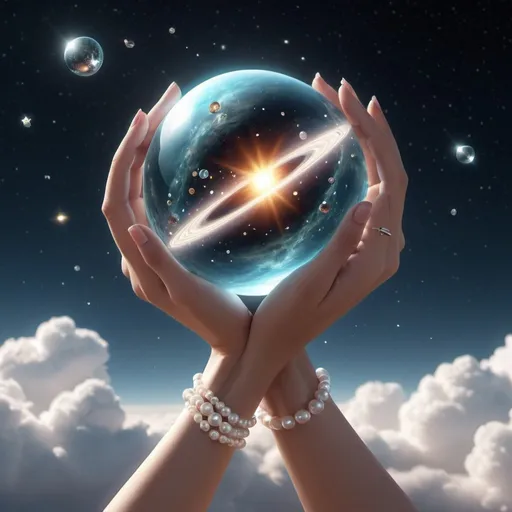 Prompt: universe, stars, planet, , hands together 82K, stars and pearls and diamonds in hands 3000PPI, the whole world in hands glitters 3000PDI 82K universe background, cosmic elements 3000PDI, planets, saturn uranus mars, clouds and lace 3000PPI, telescope healing sound, healthy light, airy boba, pearls, diamonds and crystals, all in light source, 5D lamp. Planet Uranus. The navel of the world. 3000PDI. Fate revolves around its axis, striving towards new discoveries. 3000PPI. Secrets a lot. Tarot cards. Smart dreams in the air. A subtle fantasy world, 3d render, cinematic, fashion, illustration, anime