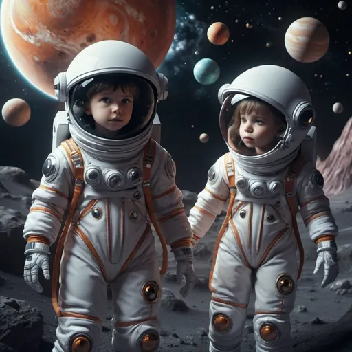 Prompt: Space explorers Children in spacesuits discover new planets. All sounds in nature correspond to 432 hertz (Hz), or the frequency of the universe. It has been found that this frequency not only affects time and space, but also human consciousness and DNA, illustration, fashion, painting, cinematic, product, anime, 3d render, photo, dark fantasy