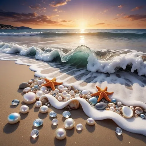 Prompt: Captivating high definition image of a windy seaside with a cosmic night sky. Shades of fantasy are reflected in the shimmering sea, creating a captivating illusion. Captured just 20cm above the sand, the unique perspective reveals a beach of multicolored stones, crystals, pearls, diamonds and an intricately detailed mix of 3D shells adorned with starfish, pearls and diamonds. The waves crash against the shore with white water foam, reflect the breathtaking skyscape, and as the sun drops below the horizon, a magical, dark fantasy unfolds. Light-bearing moths emerge, creating a mystical glow that enhances the already mesmerizing scene. Seashore, waves with white foam create a charming view of the sea with 20 cm high multi-colored stones and pearl shells