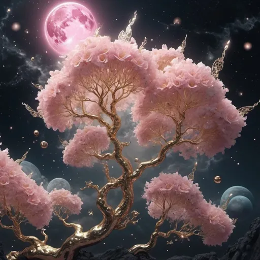 Prompt:  Universe, sky, pink clouds, gas swirls, Flowers, trees, leaves Elves, delicate and small, delicate and beautiful, with glittering wings, exotic large flowers, cosmic, exotic plants, leaves, unusual colors, sparkling lights, fantastic, unusual, peaceful cosmic beings. Crystals., pearls, lace, vapor gas.. universe, planets stars, gas clouds 3000 PPI, gold, birch bare 82K branches, gold leaves 3000 PDI, crumpled and fluttering in the wind, cinematic, illustration, 3d render, fashion, dark fantasy, vibra