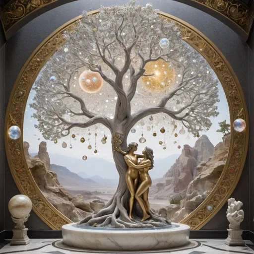 Prompt: in the foreground the tree of life, the trunk of which is a sculpture of a woman and a man passionately embraced, arms in the air, outstretched, from which branches form a tree, all in marble, gray-white, creamy gilt veins, marble, mixed different styles, surrounded, mosaics of mirrors, diamonds, precious stones and triple circle of pearls, as if from interplanetary travel, background, cosmic universe, with planets, stars, andromeda nebula, diamonds, pearls, soap bubbles, tree emits a glow

