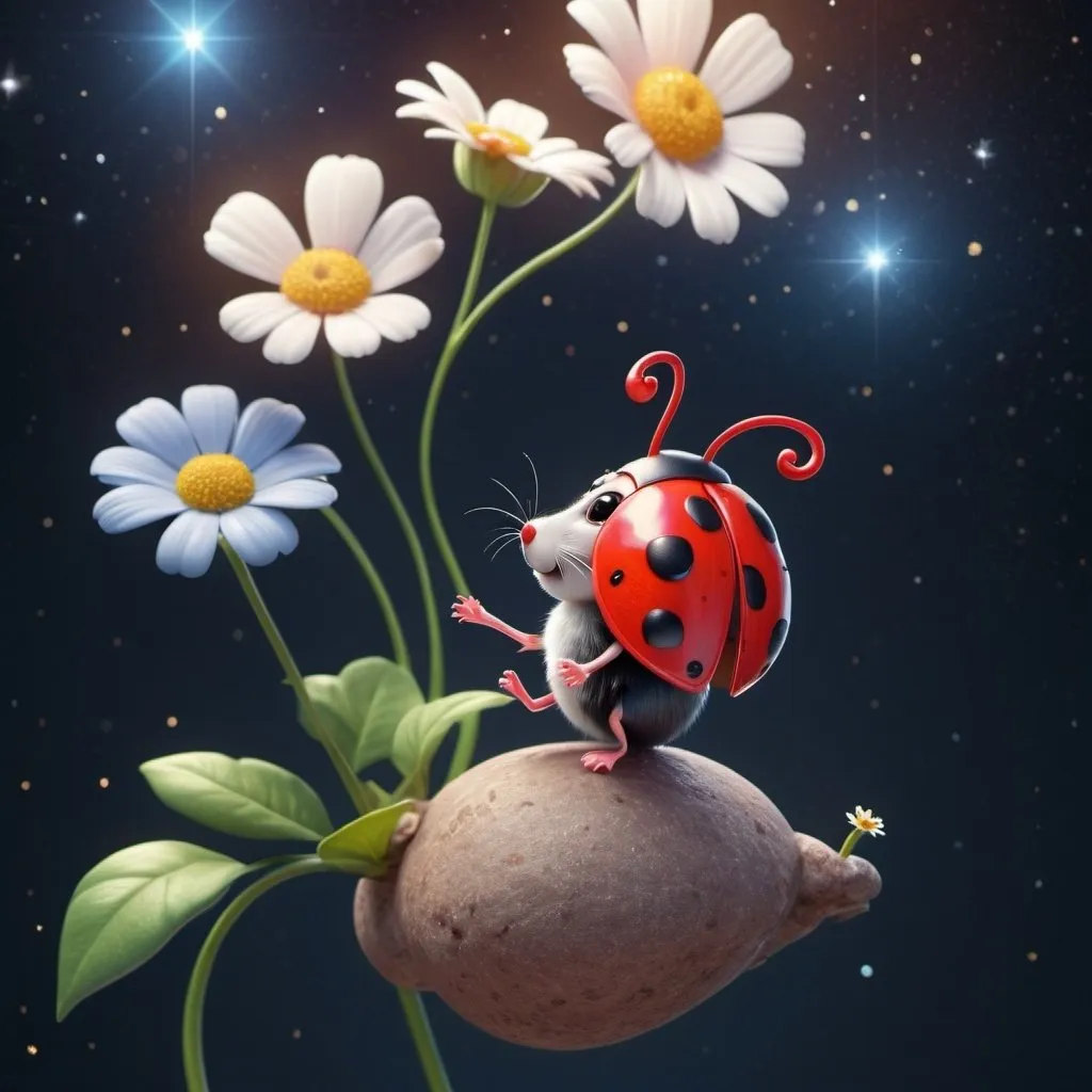 Prompt: Whimsical 3D rendering of a flying ladybug with a flower, bright and colorful, cute mouse sitting on a star, soft and cheerful, high quality, 3D rendering, whimsical, bright tones, detailed wings, adorable design, cute mouse, starry setting