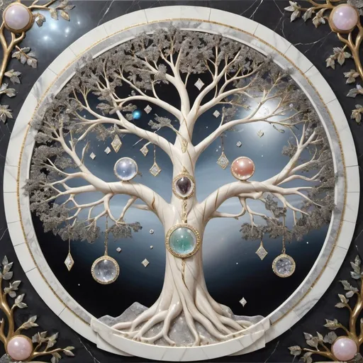 Prompt: in the foreground the tree of life, the trunk, like a sculpture of two people in a passionate embrace, hands in the air, outstretched, from which tree branches form, all in marble, pastel tones, gray white, creamy gilded veins, marble, mixed different styles, tree surrounded by a triple circle 3D 82K, mirror mosaic, diamonds, gems and pearls, as if from interplanetary travel, background, cosmic universe, with planets, stars, gaseous, lace nebula, diamonds, pearls, soap bubbles, tree emits a glow


