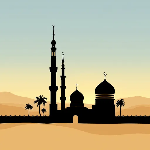 Prompt: Silhouettes of Makkah & Madinah – Minimalist outlines of the Holy Mosques to reflect the Quranic desert 