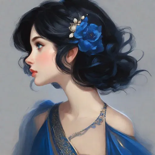 Prompt: a princess
side view
short black hair
blue eyes
dark blue dress