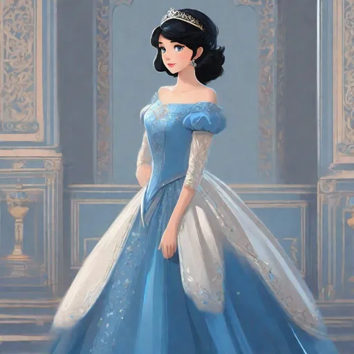 Prompt: a princess
side view
short black hair
blue eyes
blue dress