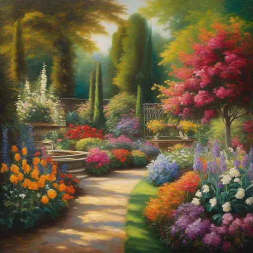 Prompt: a beautiful Renaissance painting of a garden that is in full bloom, extra color and pop and vividness