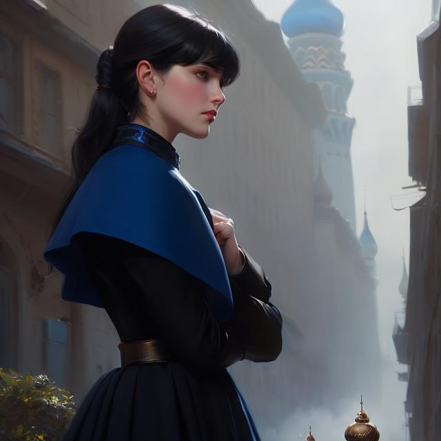 Prompt: russian heirress, wearing high necked blue dress with a high collar, straight black hair with bangs, gameplay, third person, cartoony style, silver atmosphere extremely detailed painting by Greg Rutkowski and by Henry Justice Ford and by Steve Henderson