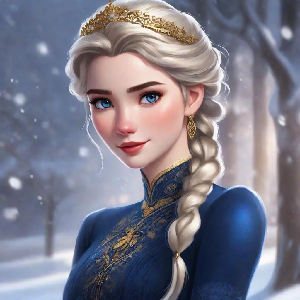 Prompt: elsa but with black chin-length hair, dark blue eyes, wearing a dark blue winter dress with a very high neckline and gold accents