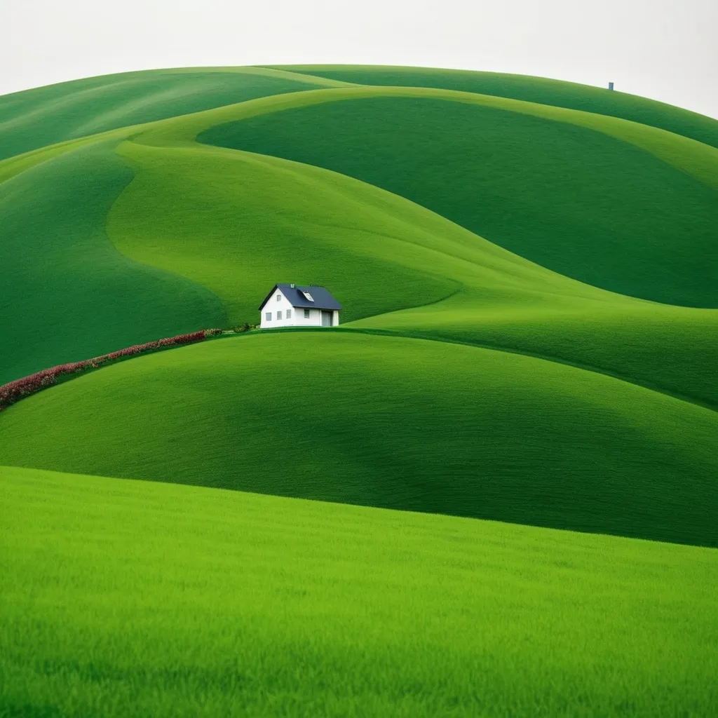 Prompt: liminal space of a very green hill with a house on it

