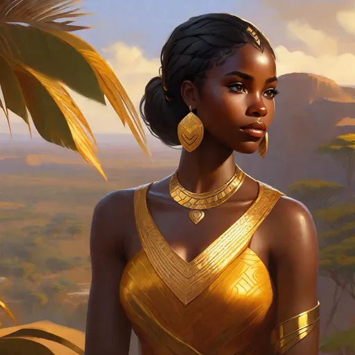 Prompt: Third person, gameplay, girl, african, dark skin, black hair, dark brown eyes, wakanda if it were real, golden atmosphere, cartoony style, extremely detailed painting by Greg Rutkowski and by Henry Justice Ford and by Steve Henderson 