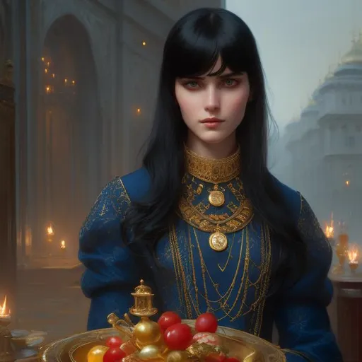 Prompt: russian heirress, wearing high necked blue dress with a high neckline and gold accents, straight black hair with bangs, gameplay, third person, cartoony style, silver atmosphere extremely detailed painting by Greg Rutkowski and by Henry Justice Ford and by Steve Henderson