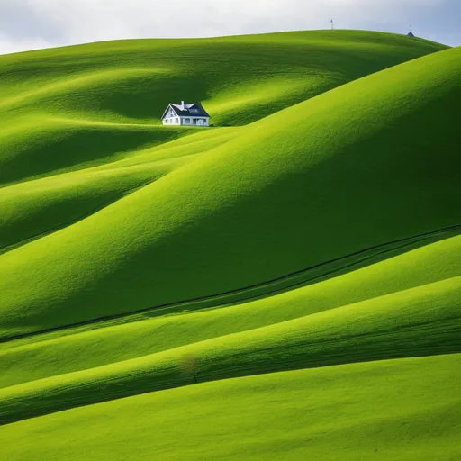 Prompt: liminal space of a very green hill with a house on it
