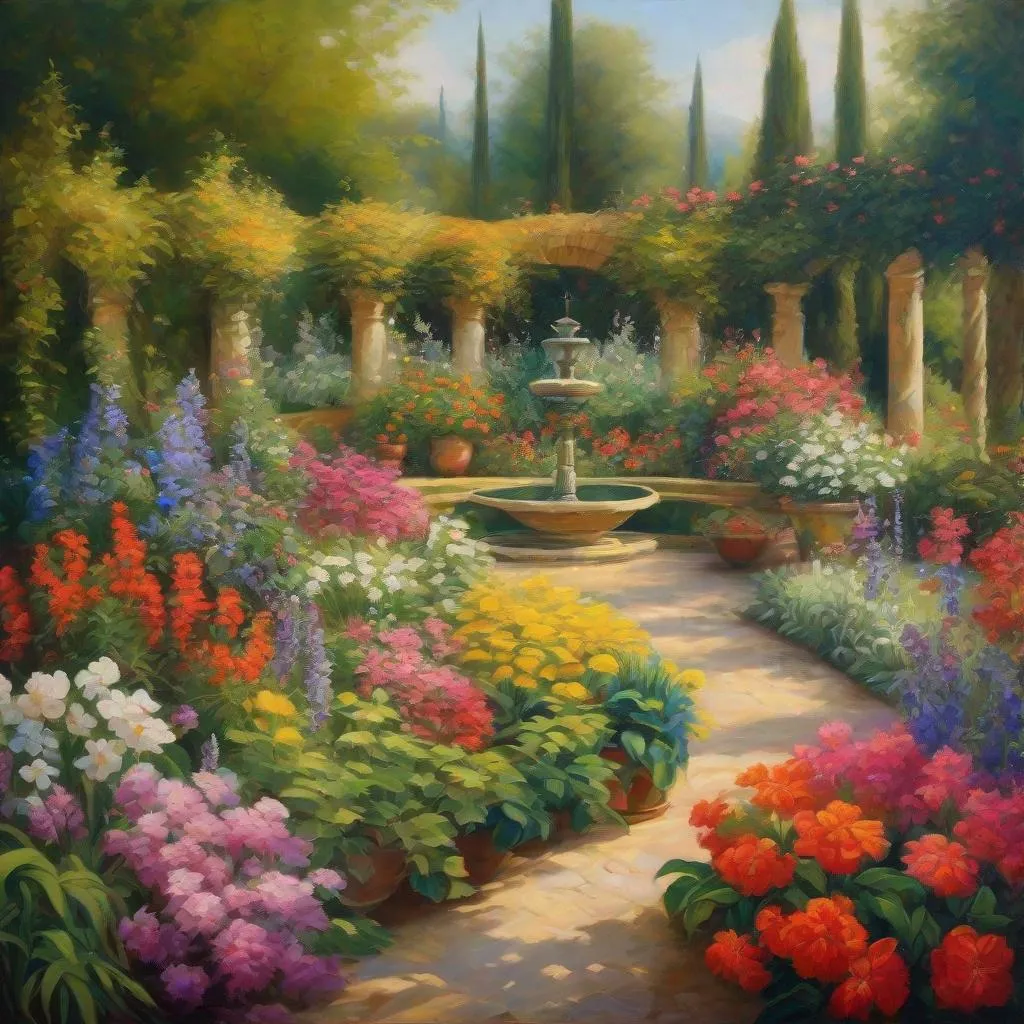 Prompt: a beautiful Renaissance painting of a garden that is in full bloom, extra color and pop and vividness