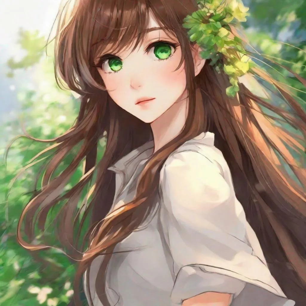 anime girl pfp, brown hair + green eyes