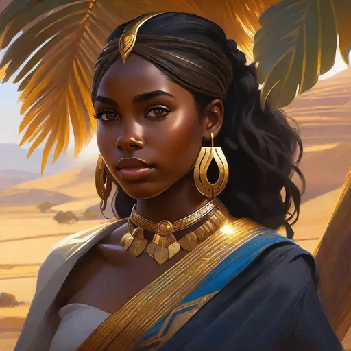 Prompt: Third person, gameplay, girl, african, dark skin, black hair, dark brown eyes, wakanda if it were real, golden atmosphere, cartoony style, extremely detailed painting by Greg Rutkowski and by Henry Justice Ford and by Steve Henderson 