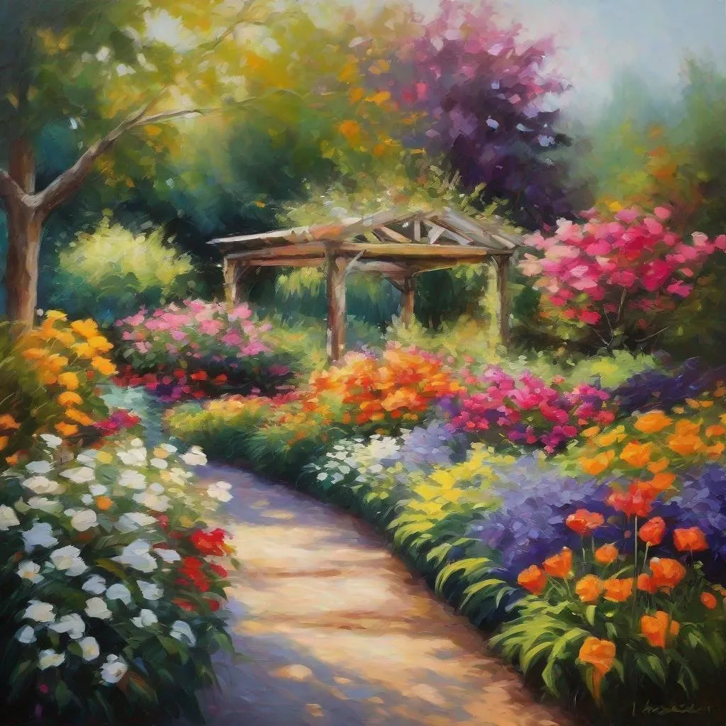 Prompt: a beautiful painting of a garden that is in full bloom, extra color and pop and vividness