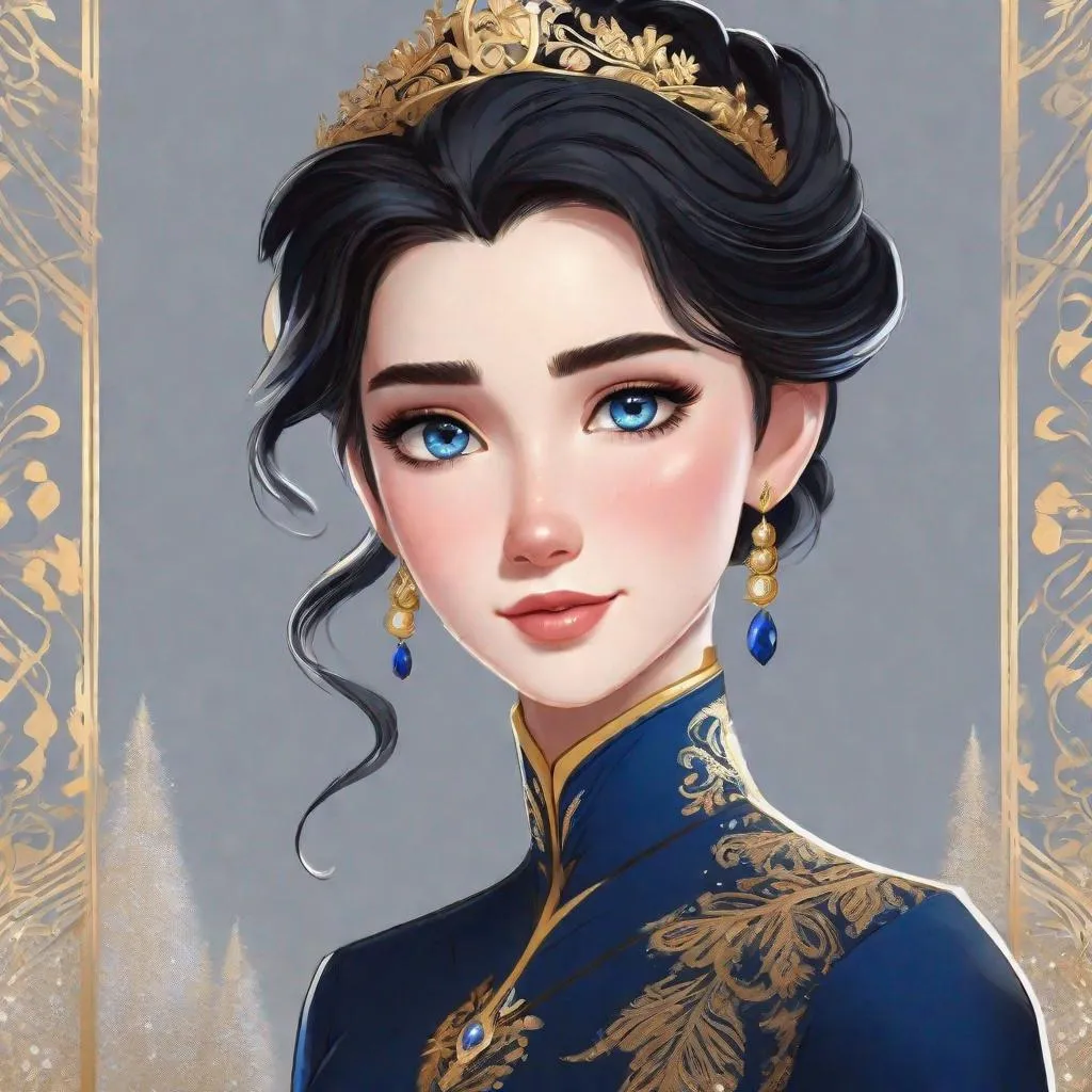 Prompt: elsa but with black chin-length hair, dark blue eyes, wearing a dark blue winter dress with a very high neckline and gold accents
