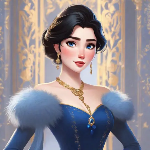 Prompt: elsa but with black chin-length hair, dark blue eyes, wearing a dark blue winter dress with a very high neckline and gold accents
