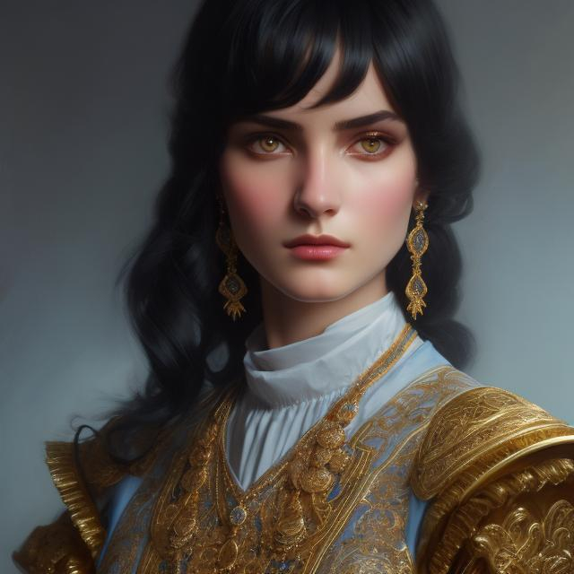 Prompt: russian heirress, wearing high necked blue dress with a high neckline and gold accents, straight black hair with bangs, gameplay, third person, cartoony style, silver atmosphere extremely detailed painting by Greg Rutkowski and by Henry Justice Ford and by Steve Henderson