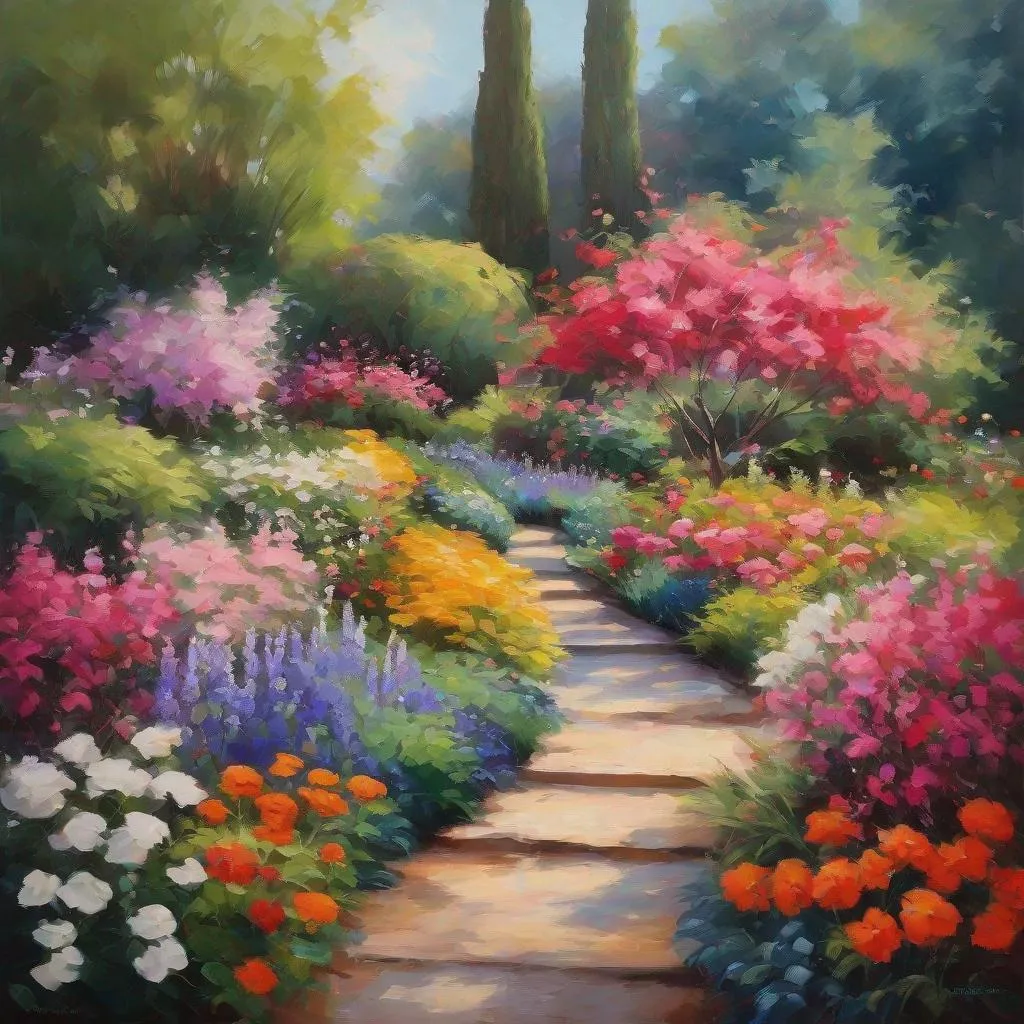 Prompt: a beautiful painting of a garden that is in full bloom, extra color and pop and vividness