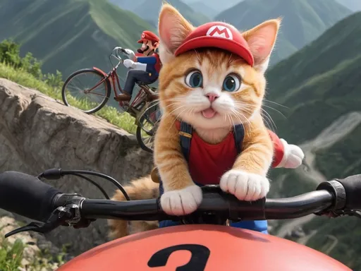 Prompt: Super Mario ride a bycicle on a mountain. A cat is sitting on the shoulder of super mario.