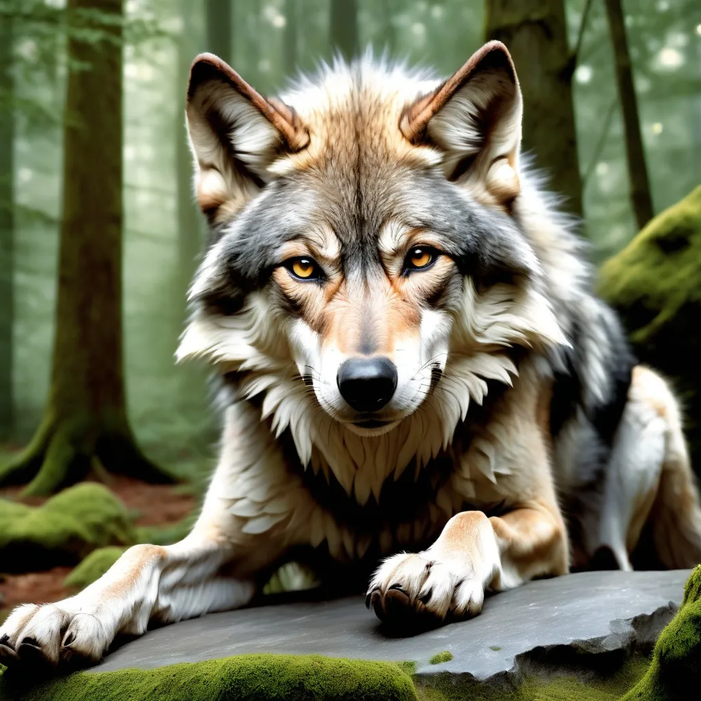 Prompt: (wolf laying on a rock), (sad expression), surrounded by verdant woods, soft natural lighting filtering through trees, highly detailed fur texture showcasing subtle earth tones, evocative ambiance conveying solitude, photorealistic animal photography, inspired by Caspar Wolf's naturalism, intricately designed for a jigsaw puzzle, ultra-detailed background.