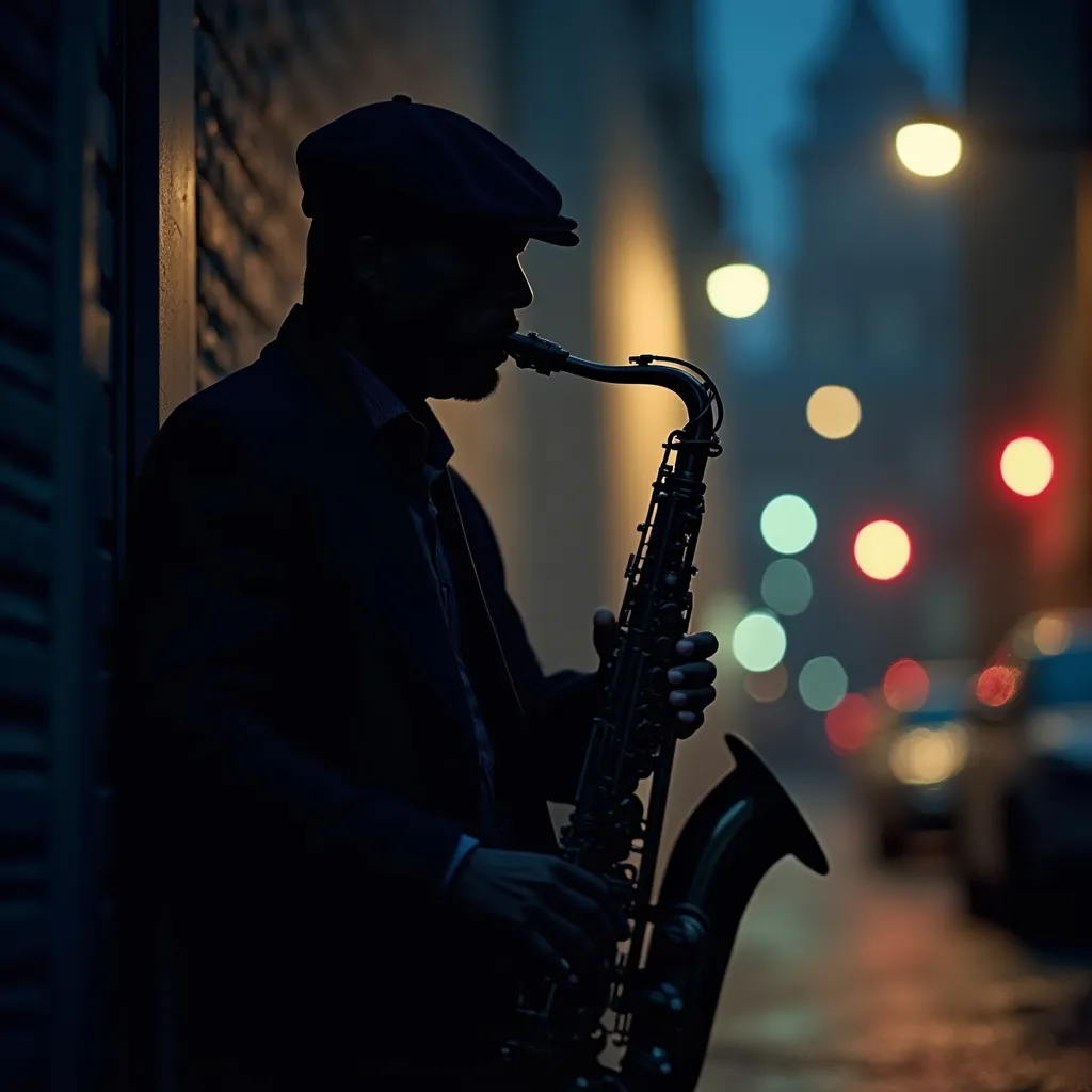 Prompt: (smooth jazz night album cover), (silhouette of a saxophonist), playing under a dim streetlight, atmospheric cityscape in the background, warm glow of streetlight contrasting with dark shadows, elegant and moody vibe, soft focus, captivating – perfect for a musical journey, 4K, ultra-detailed, modern style, inviting ambiance, rich tones of deep blue and gold, cinematic masterpiece.