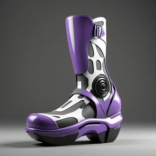 Prompt: a purple and grey orthopedic walking boot, with a darker grey rocker shaped sole. with a black and white design on the side of it and a black and white background, Andries Stock, futurism, cybernetics, a 3D render