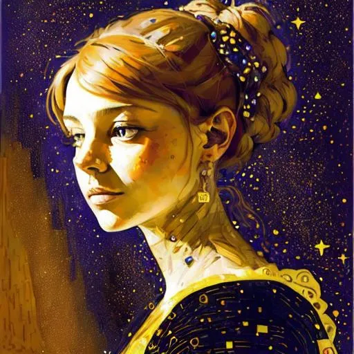 Prompt: woman from the picture https://i.ibb.co/VJ6Z9Qr/IMG-20231002-190946-Monika.jpg in style of gustav klimt high resolution, highly detailed oil drawing with background of dark  sky and bright stars