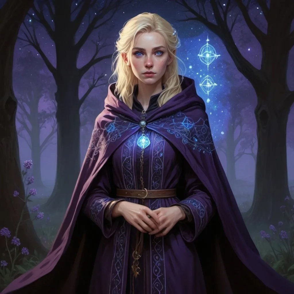 Prompt: Twiglight domain cleric. A blonde, tall woman, with blue eyes, in a dark purple adventuring cloack, the cloack is embroidered with constalliations. ambient lighting
